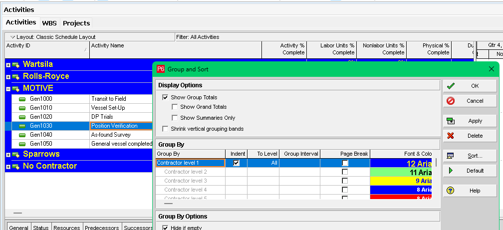 activity codes primavera p6